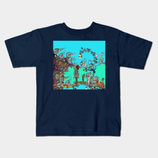 WEIRD MEDIEVAL BESTIARY WAR, KNIGHTS AND KILLER RABBITS FIGHTING WITH GIANT SNAILS Teal Blue Green Kids T-Shirt